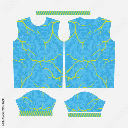 Sublimation Sports Jersey Pattern Vector Layout Design with Cyan Blue Texture and Yellow Lightning Crack Graphics for Apparel Print Template
