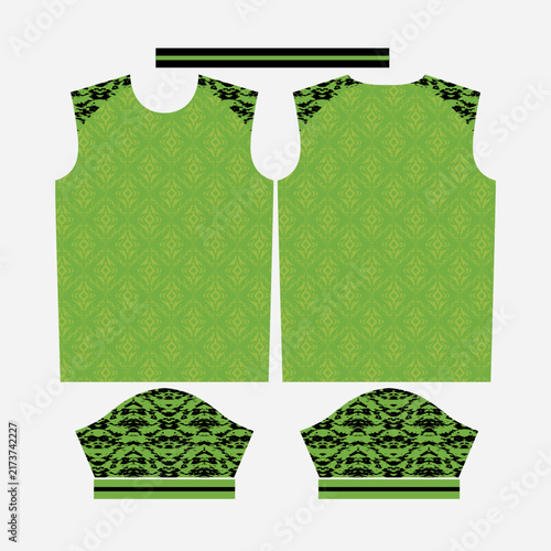 Sublimation Sports Jersey Pattern Vector Design Layout with Green Geometric Pattern and Black Textured Sleeve Details for Team Apparel Template