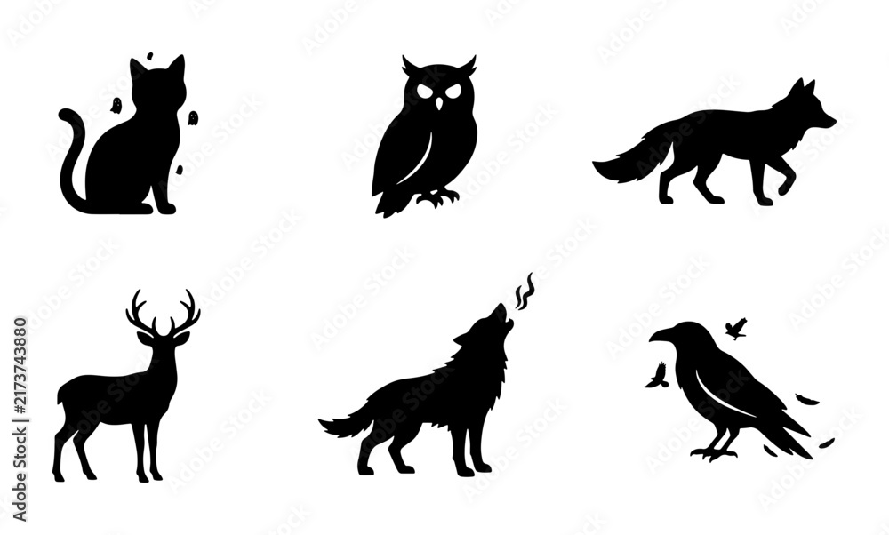 Obraz premium Silhouette Animals Vector Icons: Cat, Owl, Fox, Deer, Wolf, Raven Collection