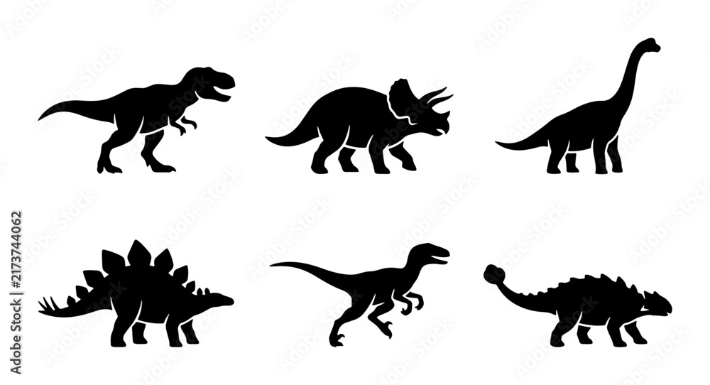 Obraz premium Dinosaur Silhouettes Collection: Tyrannosaurus Rex, Triceratops, Brontosaurus, Stegosaurus, Velociraptor, Ankylosaurus Icons