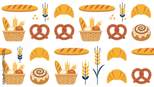 Canvas Print Colorful pattern of bread and pastry items including baguettes croissants and pretzels arranged with wheat stalks and baskets