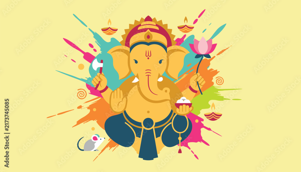 Naklejka premium Lord Ganesha illustration with vibrant colorful paint splashes, oil lamps, lotus flower, and a little mouse helper.