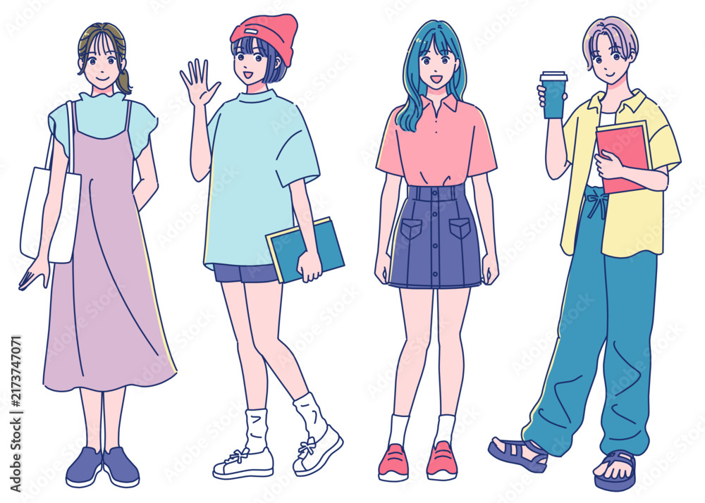 Naklejka premium 夏のファッション 元気な若い女子学生のセット