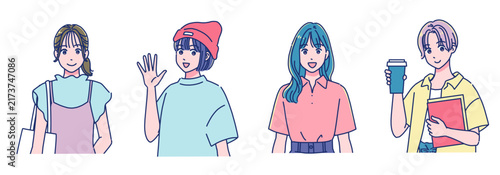 夏のファッション　元気な若い女子学生のセット