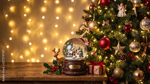 A festive christmas snow globe sitting on a wooden table beside a decorated glowing pine tree