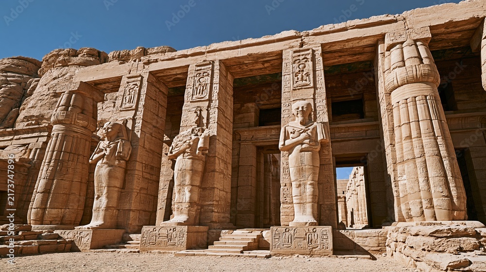 Naklejka premium ancient egyptian temple facade with large stone statues