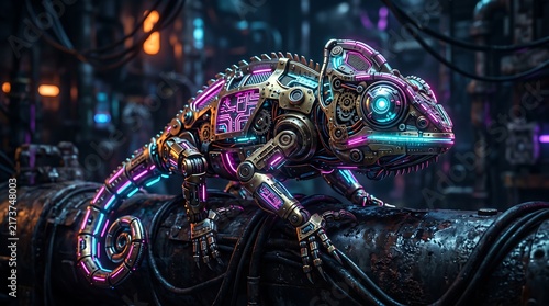 A futuristic robotic chameleon glowing with neon lights standing in a dark high tech city environment
