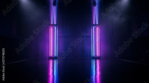 Abstract background with glowing vertical neon light pillars on a reflective dark stage floor