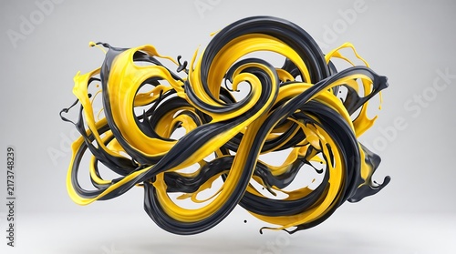 Abstract 3d render featuring flowing yellow and dark blue liquid ribbons on a light grey background