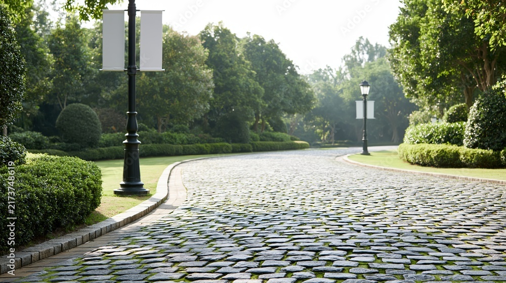 Obraz premium Empty cobblestone road winding through lush green park