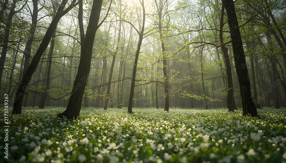 Fototapeta premium Sunlight filtering through spring forest trees over green blooming ground