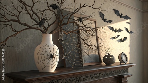 Minimalist Gothic Halloween Mantle Decor with Bats and Web