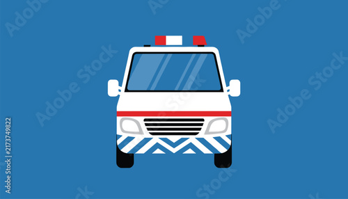 Emergency medical ambulance vehicle front view illustration isolated on a blue background with flashing red sirens.