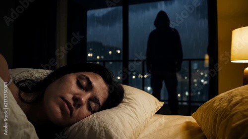 Close-up of a young woman sleeping with a stranger silhouette looking through the window at night during a lightning storm. Stalking obsession, home security breach and violation of privacy concept