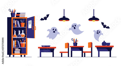 Halloween classroom interior scene with ghosts and school supplies.