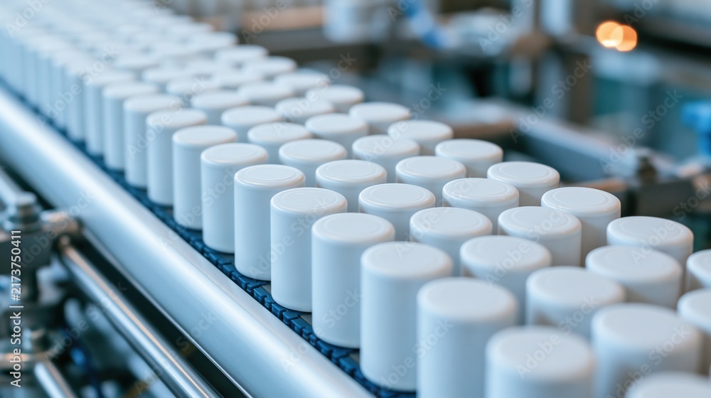 Fototapeta premium White pharmaceutical capsules moving along factory production line