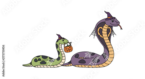 Two cute cartoon snakes dressed in witch hats celebrating Halloween.