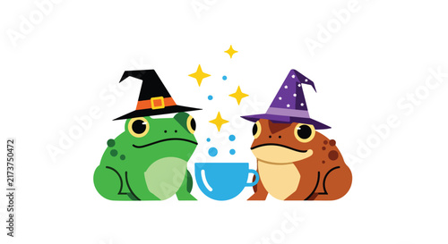 Two cute magical frogs wearing wizard hats with a glowing potion cup.