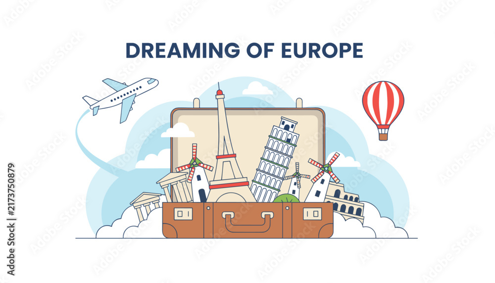 Naklejka premium Travel advertising banner featuring a suitcase filled with iconic European landmarks under flight message.
