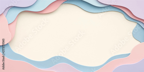 Abstract pastel paper cut background with wavy layered smooth frames and empty space for text