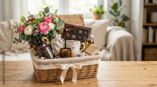 A Carefully Curated Gift Basket Filled With Luxury Treats and Floral Arrangements