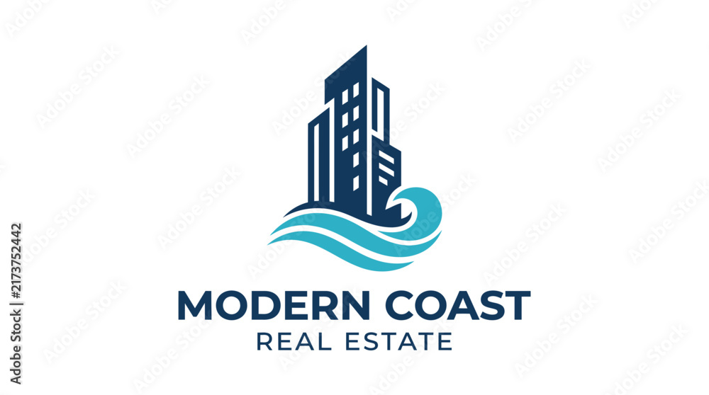 Fototapeta premium Modern coast real estate logo with urban skyscrapers and ocean waves design concept