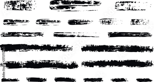Black Grunge Ink Paint Brush Strokes and Distressed Lines Vector Set on Transparent Background
