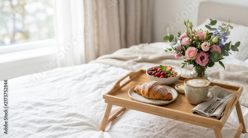 Delicious breakfast with croissant, berries, and coffee served on a tray in bed