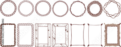 Hand Drawn Circle and Rectangle Braided Rope Frame Vector Set on Transparent Background