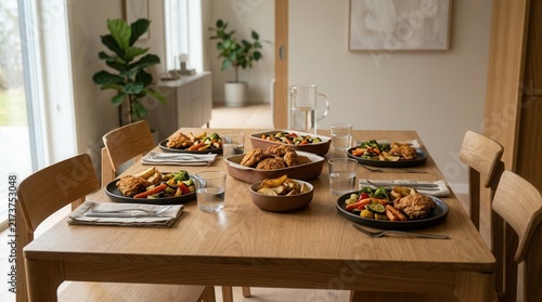 Family Dinner Table Setup With Plates of Cooked Food Ready to Eat
