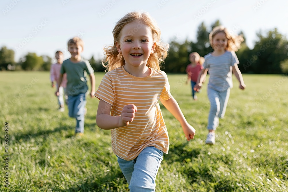 Fototapeta premium Happy children running on green grass in park outdoor recreation