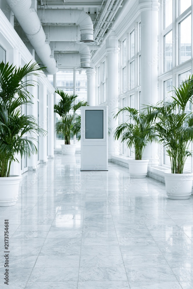 Naklejka premium Bright modern hallway with white marble floors and