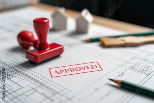 red stamp approved on architectural blueprint with model