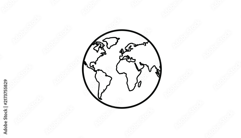 Obraz premium Simple black outline globe icon showing world map, representing global connectivity, geography, and earth planet.