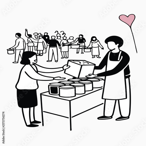 Volunteer Group Collecting Food Donations for Charity Vector Illustration