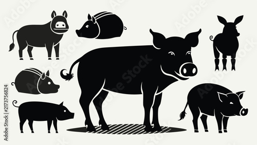 Obraz na płótnie Stylized vector illustration featuring various piggish animals in simple black a