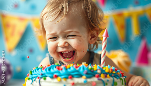 Happy toddler laughing at first birthday party with colorful cake and festive decorations