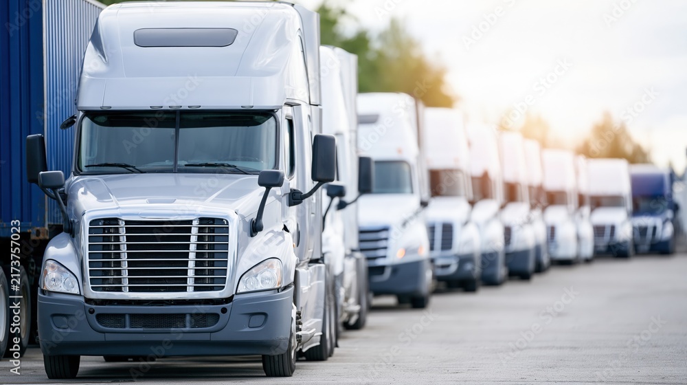 Obraz premium Row of white semi trucks parked in depot