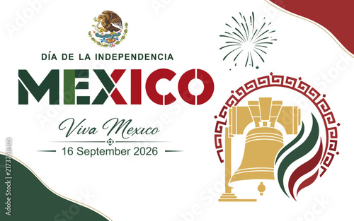 Mexico Independence Day 2026 design featuring the iconic Mexican independence bell, eagle motif, decorative patterns, and bold patriotic typography on a deep burgundy background.