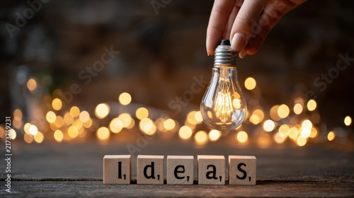 Hand holding light bulb above wooden blocks spelling ideas