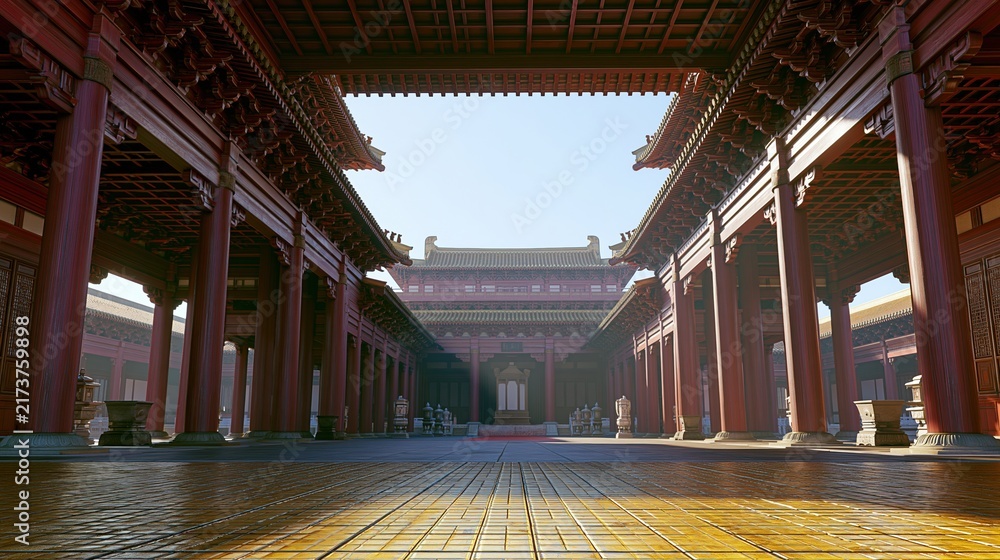 Obraz premium Grand traditional palace courtyard with red pillars