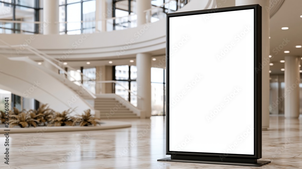 Obraz premium Empty advertising poster stand in modern building lobby