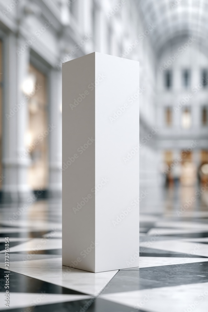 Naklejka premium Empty white rectangular pedestal standing on checkered floor