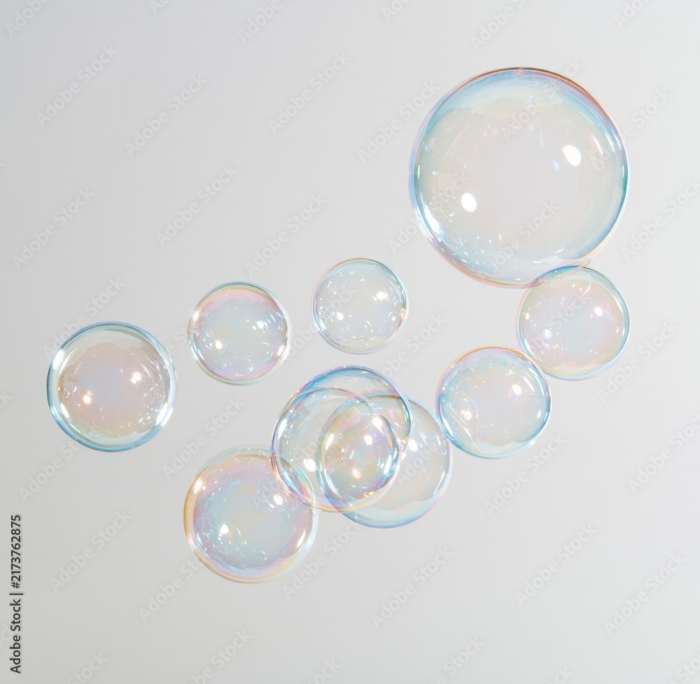 Obraz premium colorful soap bubbles floating on white background