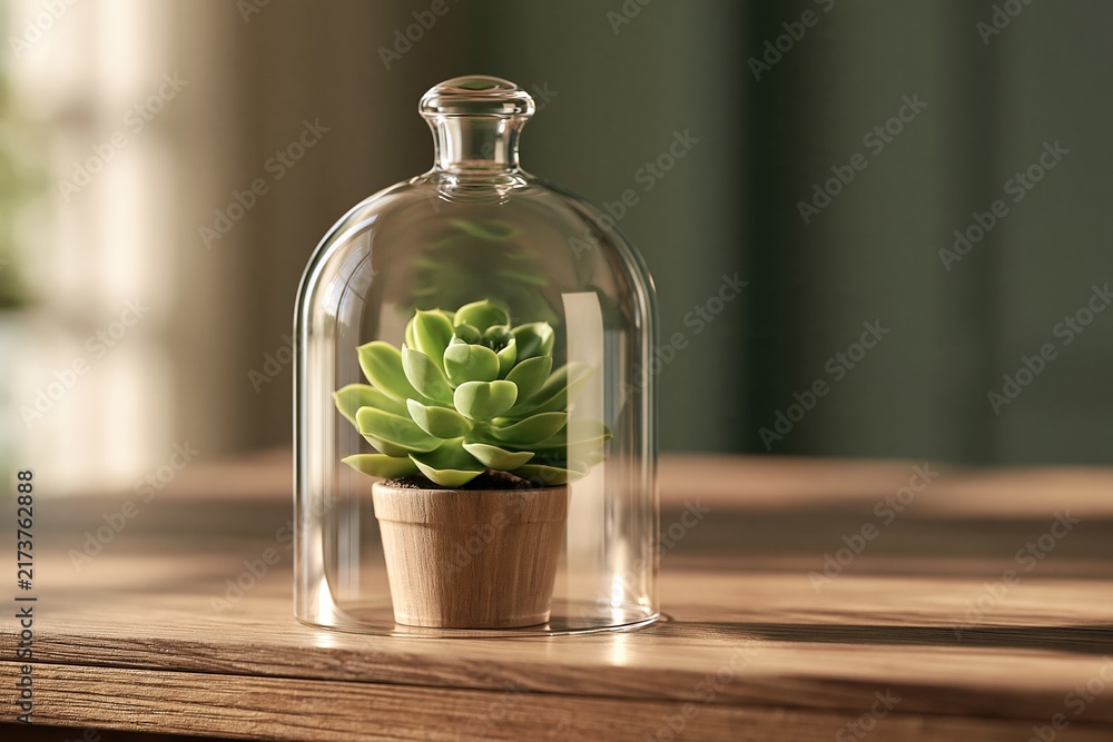 Naklejka premium Small green succulent plant inside clear glass terrarium