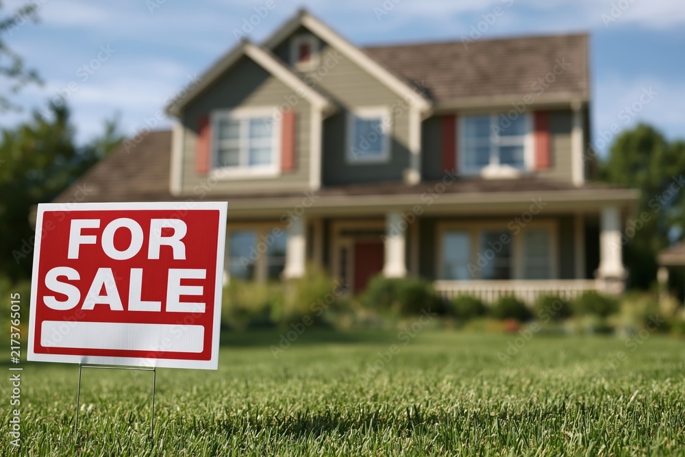 Obraz premium For sale sign stands on green lawn before