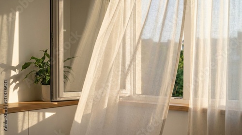 Sunlit Window with Flowing Sheer Curtains and Soft Daylight Shadow Patterns