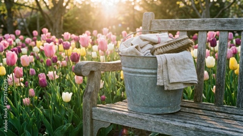 Vintage Zinc Laundry Tub on Garden Bench Surrounded by Colorful Blooming Tulips