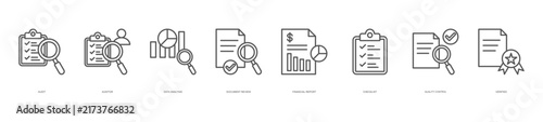 data audit icon set collection in line style. icon set consist of audit, auditor, data analysis, document review, and more. editable stroke