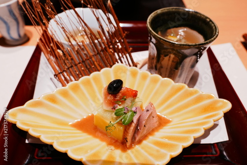 Fotografie Japanese Kaiseki cuisine, traditional multi-course meal appetizer - 日本 懐石料理 前菜